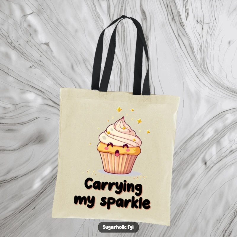 Funny Tote Bag depicting a surprised cupcake showered with tiny edible glitter stars, great for carrying goodies.