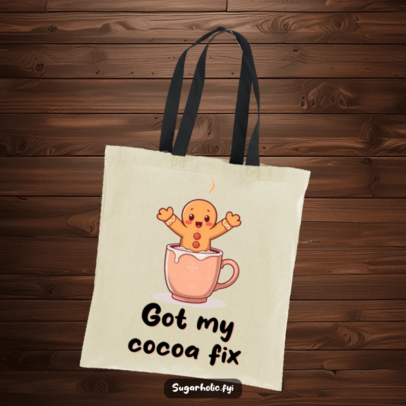 Funny tote bag featuring a surprised gingerbread man leaping over a steaming cocoa mug, illustrating a moment of hilarious shock.