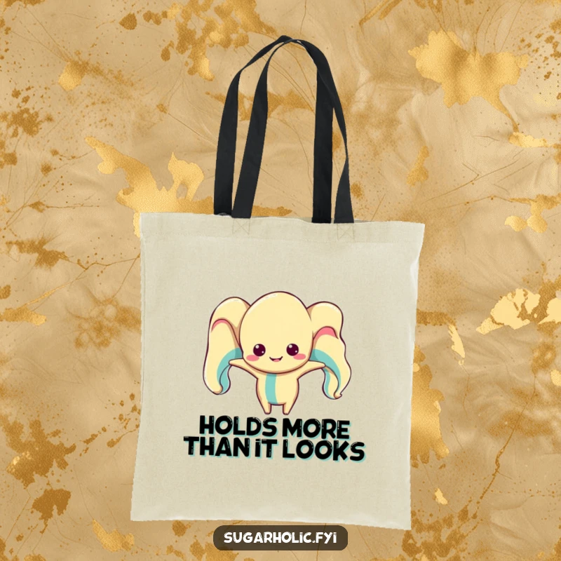 Funny taffy character tote bag, comically distorted from stretching, showcasing a silly and humorous design for everyday use.