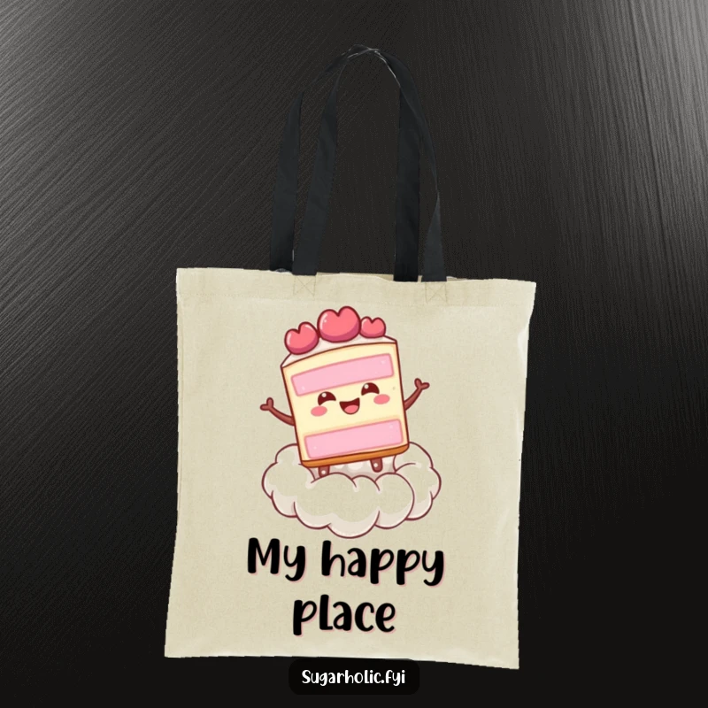 Funny happy slice of cake bouncing on a whipped cream cloud, perfect for a humorous tote bag.