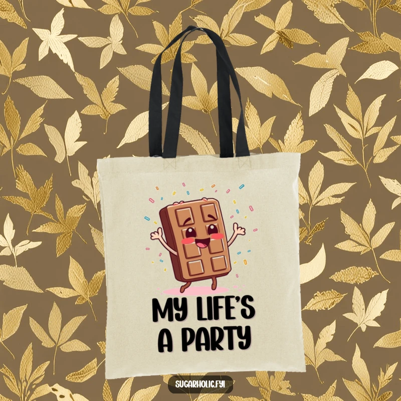 Funny chocolate bar character dancing exuberantly with a shower of candy sprinkles, a vibrant tote bag for carrying joy and essentials.