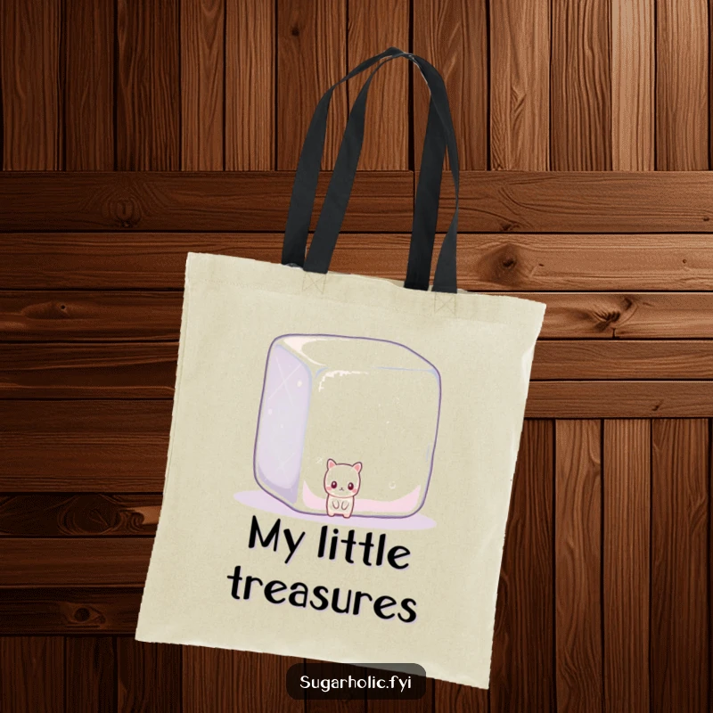 Funny shy candy peeking from behind a large, sparkling sugar cube, perfect for a humorous tote bag.