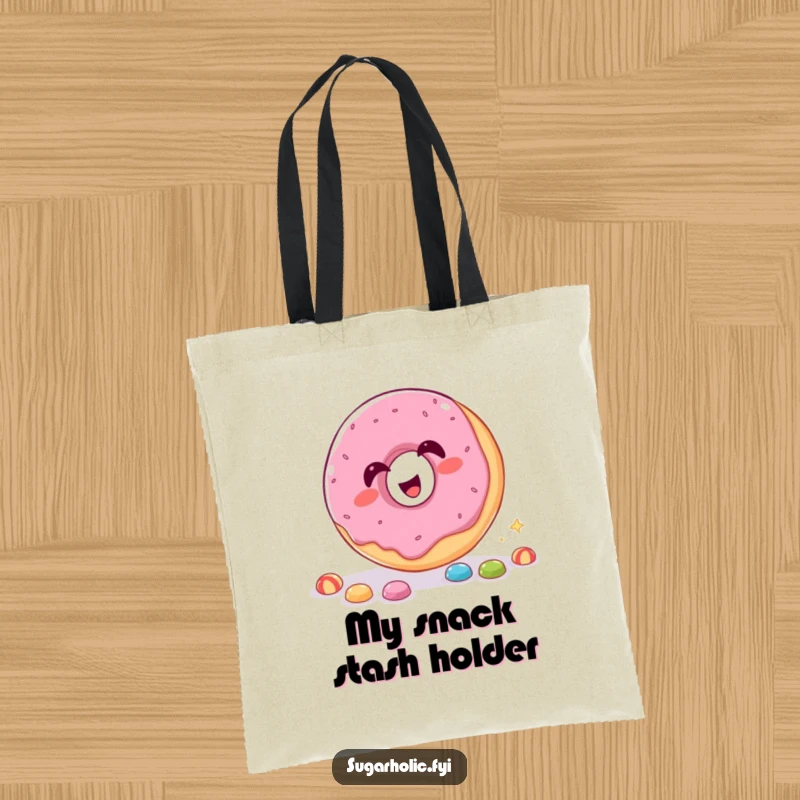 Funny Tote Bag showcasing a giggling donut with its hole, humorously designed to catch candy.
