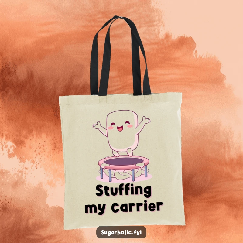 Funny tote bag illustrating an ecstatic marshmallow character bouncing high on a whipped cream trampoline, representing pure, unadulterated joy.